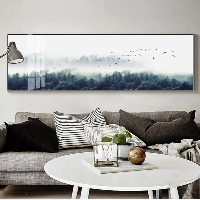 Nordic Minimalist Foggy Pine Forest Canvas Painting Dark Landscape Misty Trees Wall Picture Living Room Home Decor No Frame