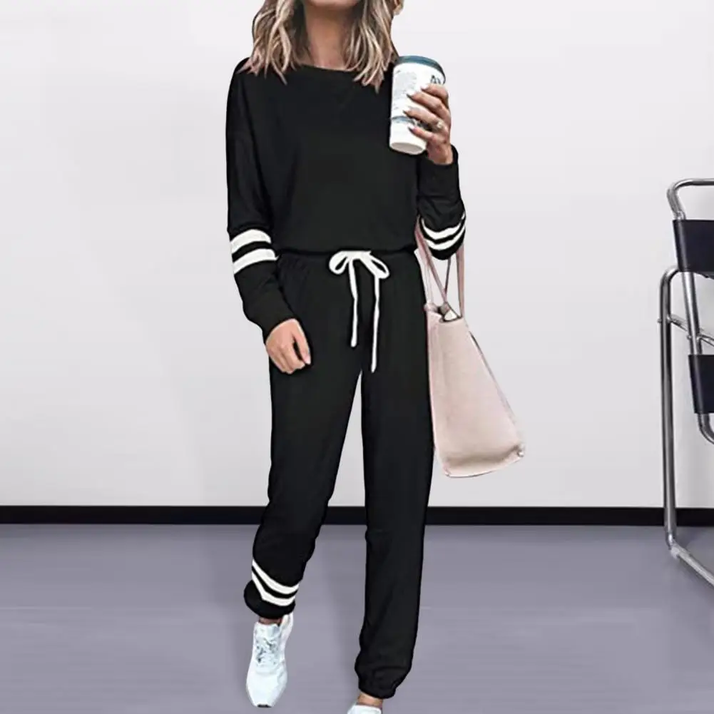 

Top Pants Suit Crew Neck Long Sleeve Striped Sweatshirt Drawstring Elastic Waist Pants Everyday Wear Sportswear