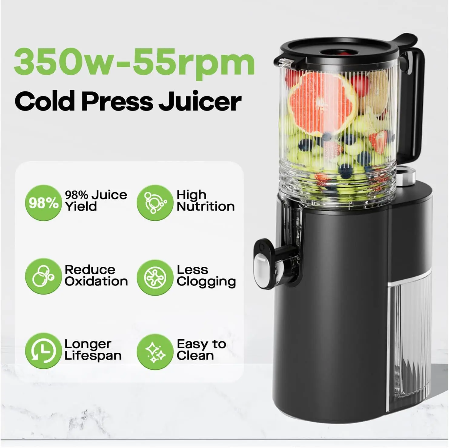 Exprimidor de prensa, exprimidores de canal de alimentación de 6,1" de ancho con motor de potencia de 350w, máquina exprimidora de masticación lenta con alto rendimiento de jugo para venta al por mayor
