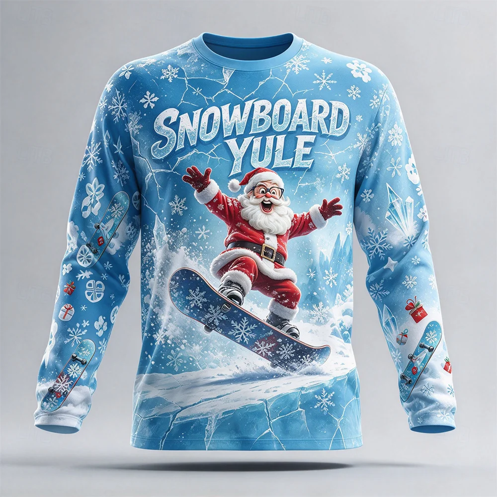 Winter Men Ugly Christmas Long Sleeve T-shirt 3D Funny Letter & Santa Graphic Print Soft Cotton Tee Xmas Party Wear Holiday Gift