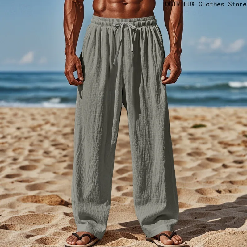 Men's Cotton and Linen Pants 2025 Summer Drawstring Elastic Waist Loose Breathable Casual Long Trousers High Street Trend Item