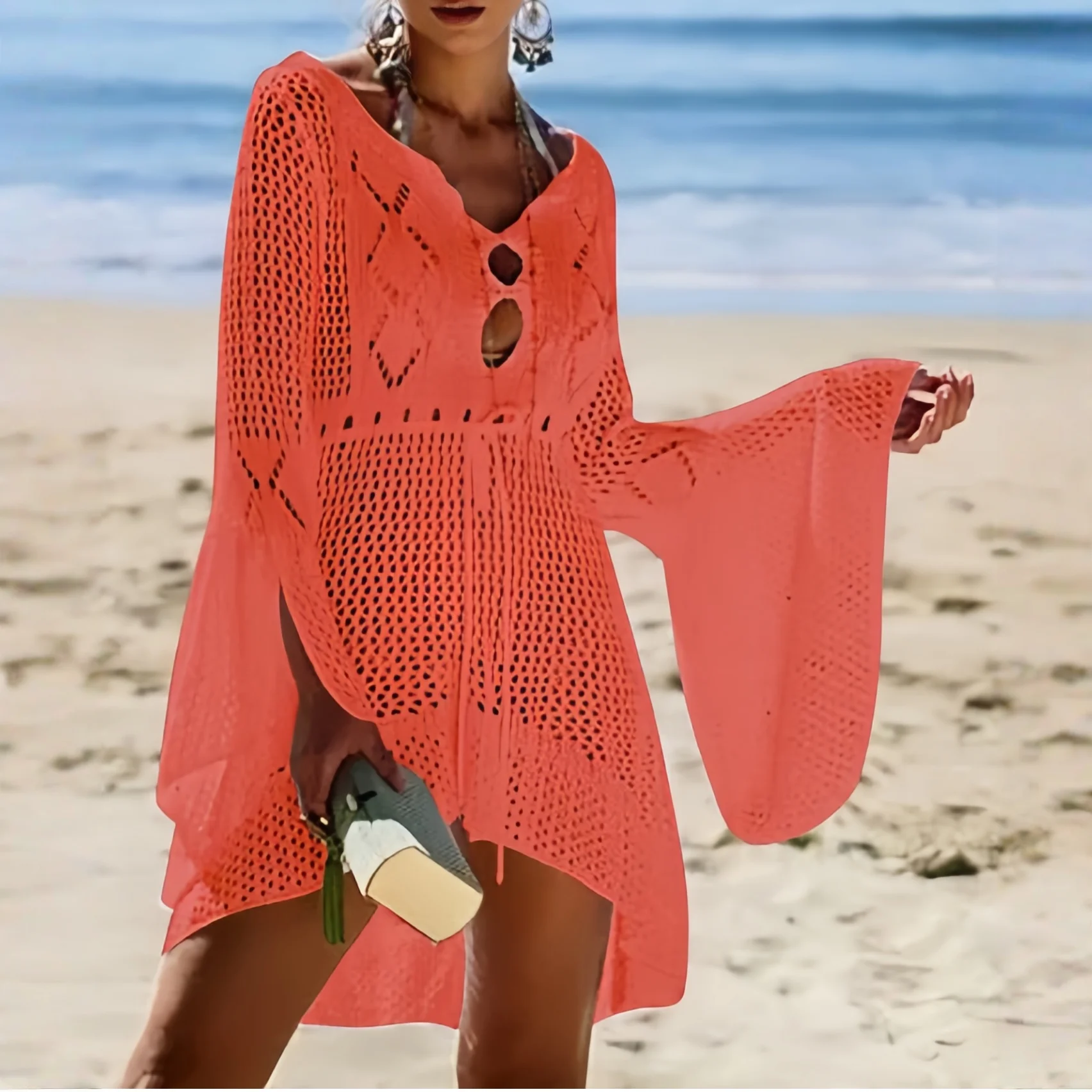 Summer Sexy Bikini Cover Up Beach Bathing Suit Beach Wear Knitting Swimwear Mesh Beach Dress Tunic For Holiday