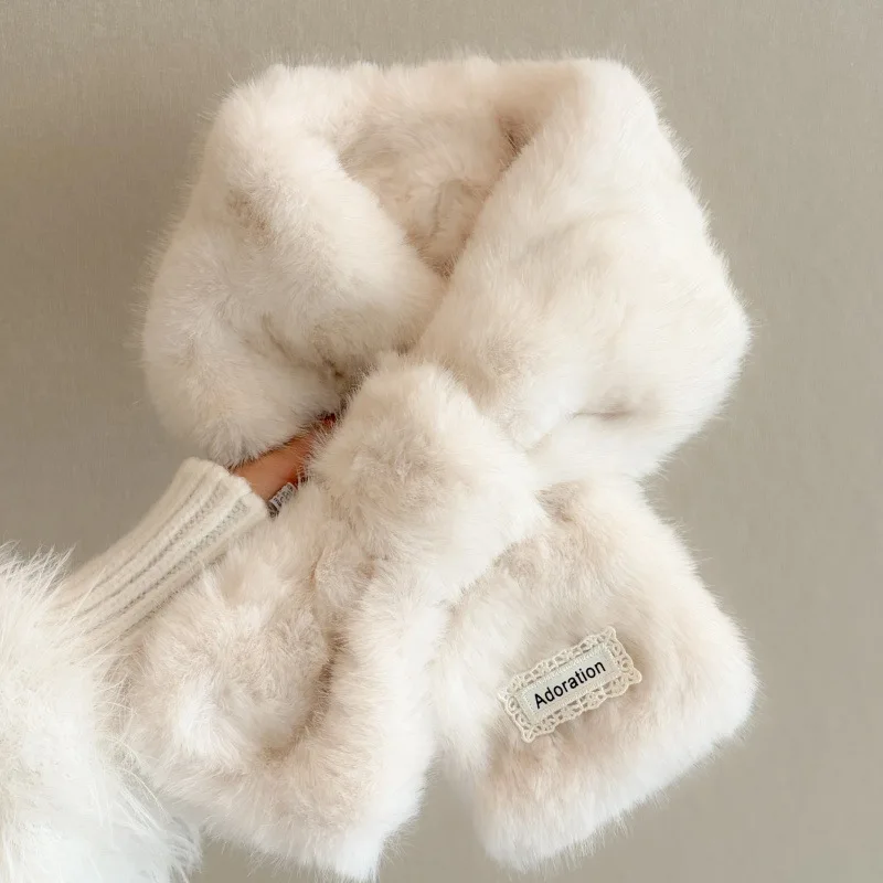 English Lace Label Plush Scarf Female Winter Imitation Fox Hair Cross Style Thickened Warm Korean Gentle Hair Circumference