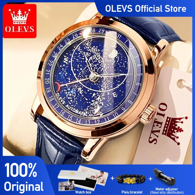 OLEVS Men\'s Watches Moon Phase Automatic Mechanical Watch for Man Blue Leather Luxury Dress Waterproof Luminous Wristwatch