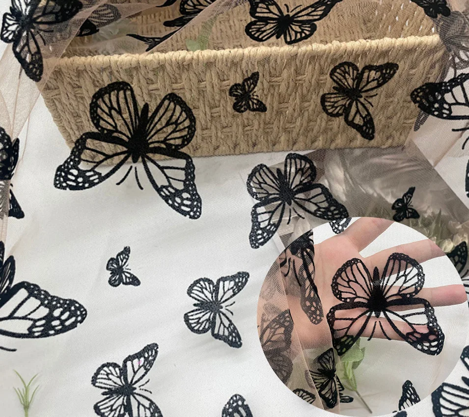 Khaki Swiss Mesh Extra Dense Mesh Flocking Big Butterfly Flocking Mesh Dress Flocking Mesh Women's Fabrics