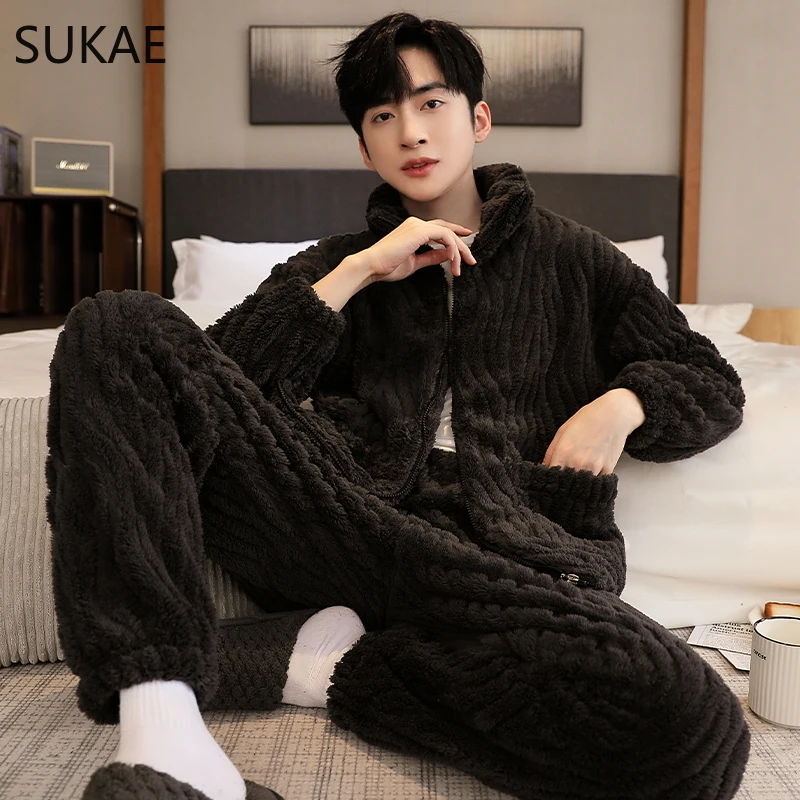 SUKAE L-5XL Chubby Thermal Zipper Pijamas Boy Leisure Man Sporty Sleepwear Big Size Men Pajamas Winter Thick Velvet Coral Pajama