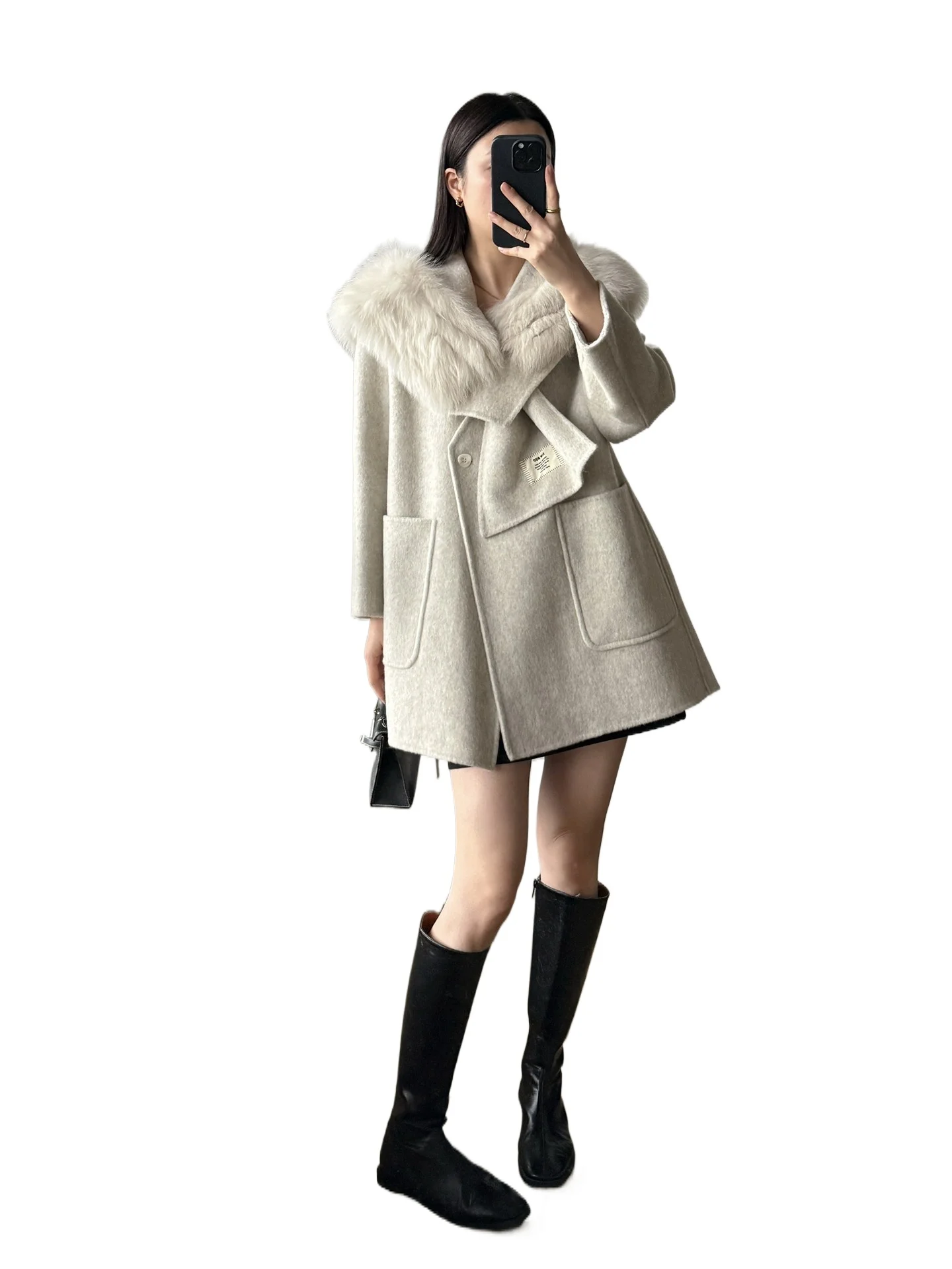 2025 autumn and winter new fox fur shawl collar double-sided woolen coat medium and long woolen coat