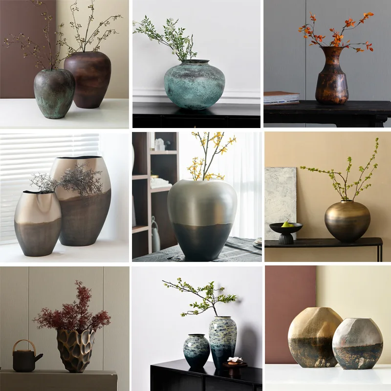 New Chinese metal flower ware, retro and old Oriental ancient rhyme rust spot vase, entrance study decoration ornament