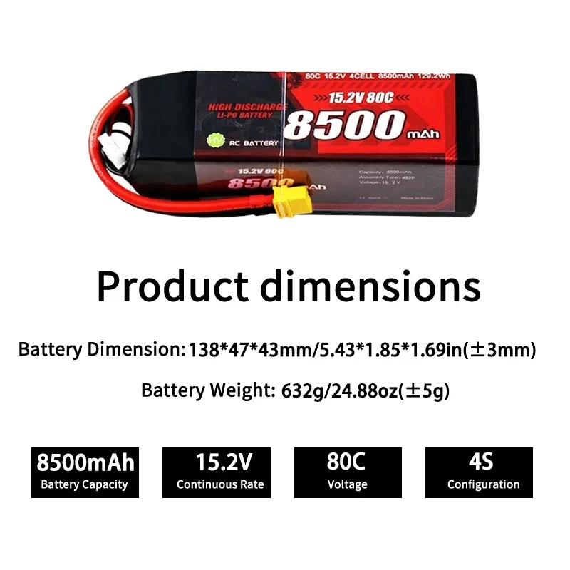 15.2V 4S 8500mAh 80C High Power LiPo Battery for RC Model Car Off Road Vehicle Airplane Drone Remote Control Toys