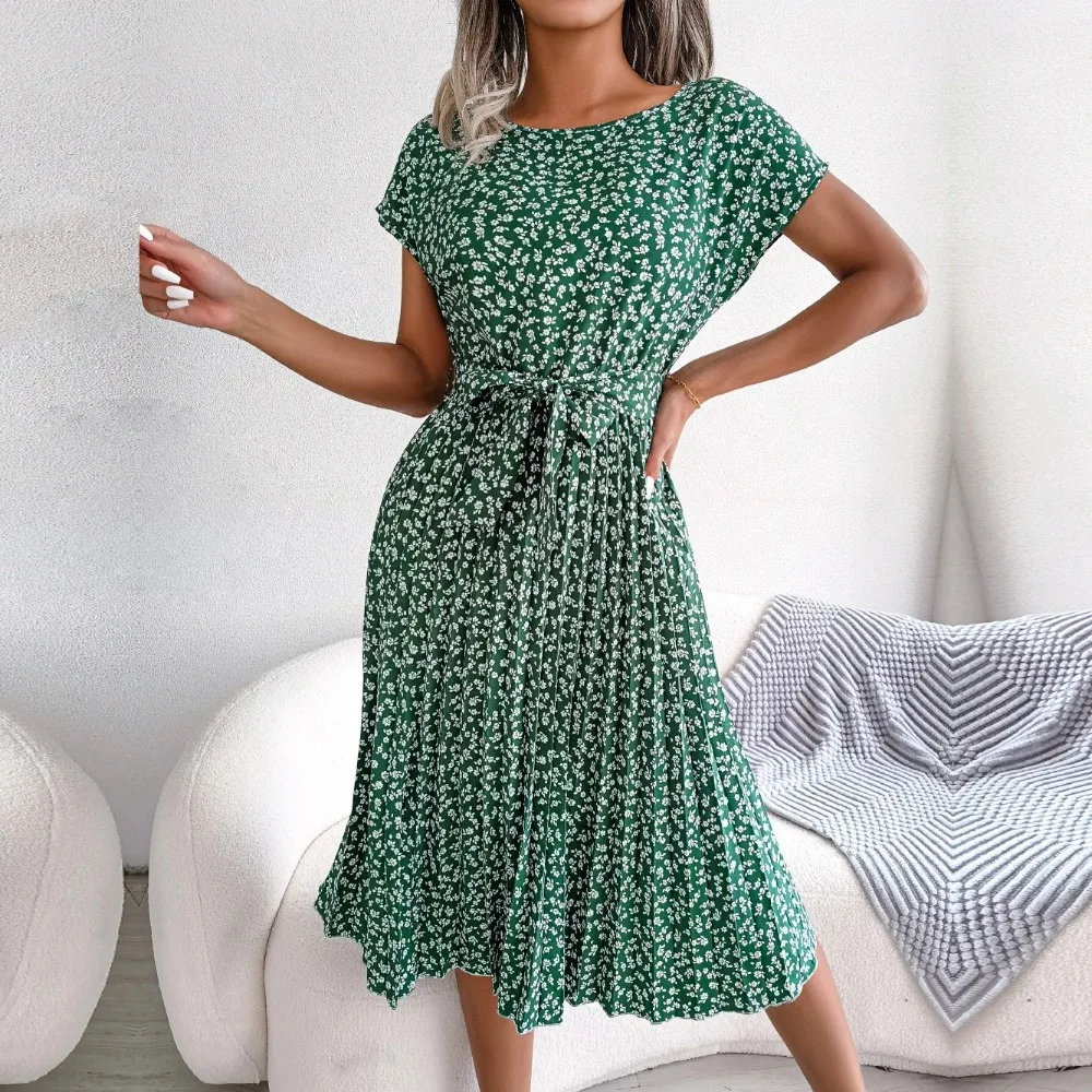 

Women's Short Sleeve Floral Pleated A Line Long Dress, High Waist, Chic, Spring, Summer, Fashion