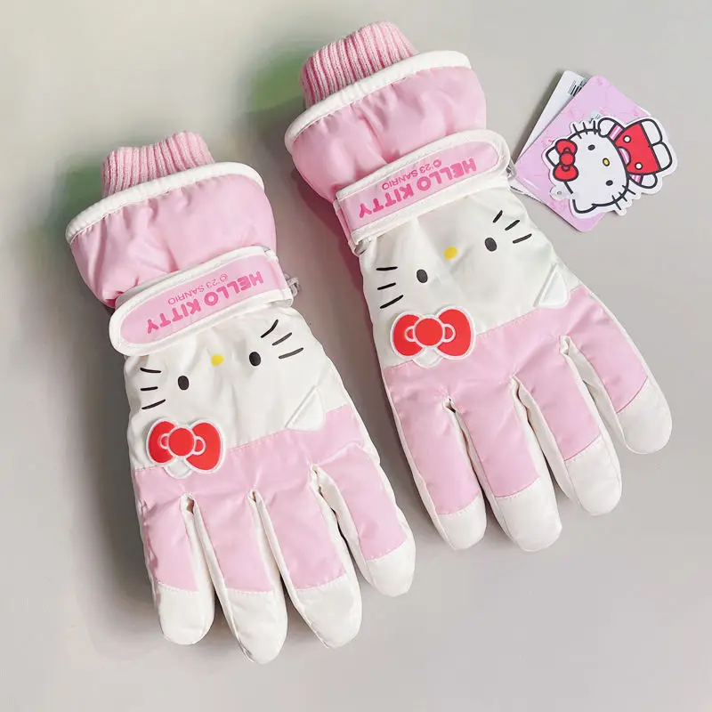 New Cartoon Sanrio Hello Kitty Innovative High-Look Ski Cycling Kawaii Girls Outdoor Warm Gloves Soft Plush Winter Snow Gift