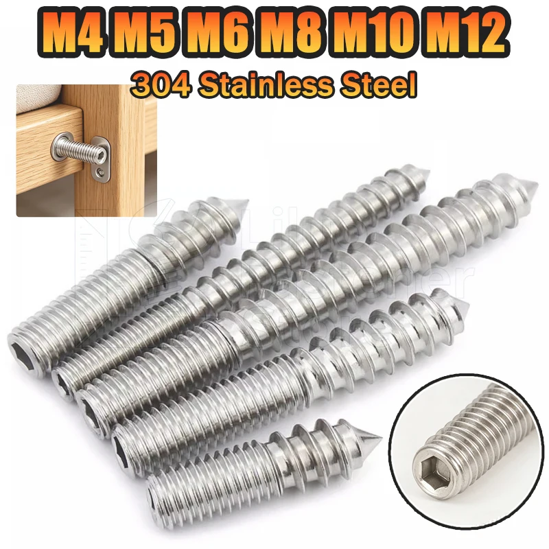 M4 M5 M6 M8 M10 M12 304 Stainless Steel Hexagon Hex Socket Double Head Pointed Tail Self-Tapping Screws Furniture Connectors
