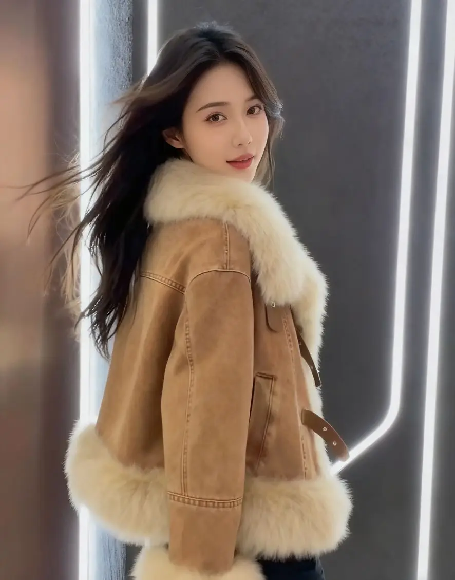 데님 코트 여성 오버사이즈 퍼 플러시 여성 가을 박시 컷 미니멀리스트 스트리트 트렌드 어반 오피스 패치워크 코듀로이 스탠드넥 OL