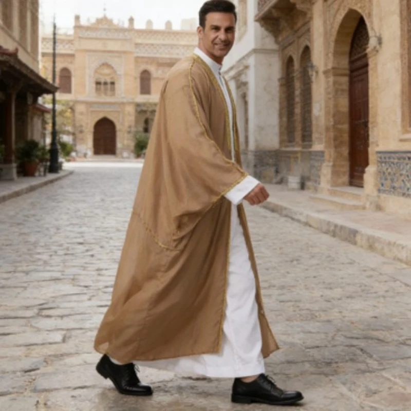 

Men's Middle Eastern Arab Bisht with Lace & Tassel Trim Saudi Style Cloak Robe Eid Wedding Prayer Outer Garment