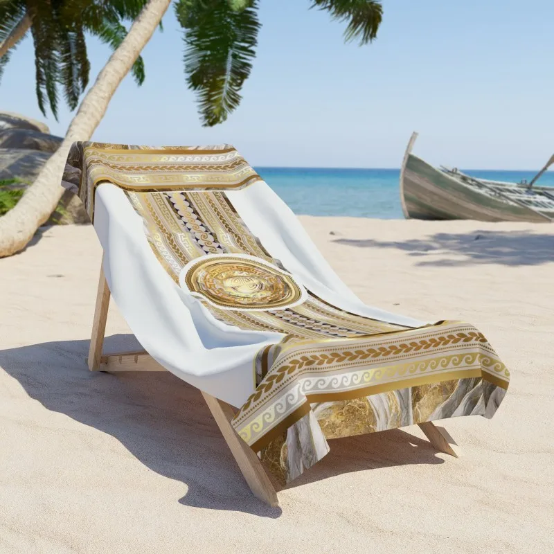 Vintage golden Greek border marble texture design lightweight quick dry beach towel excellent for luxury seaside travel plans