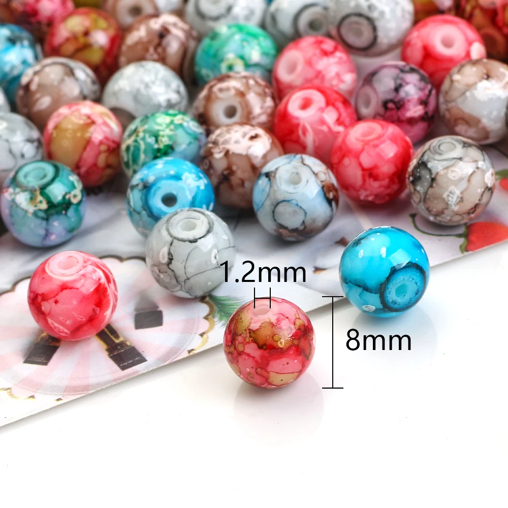 100Pcs 8mm Glass Beads Crafts Graphic Colored Round Loose Spacer Beads Needlework for Crystal Jewelry Making DIY Bracelet