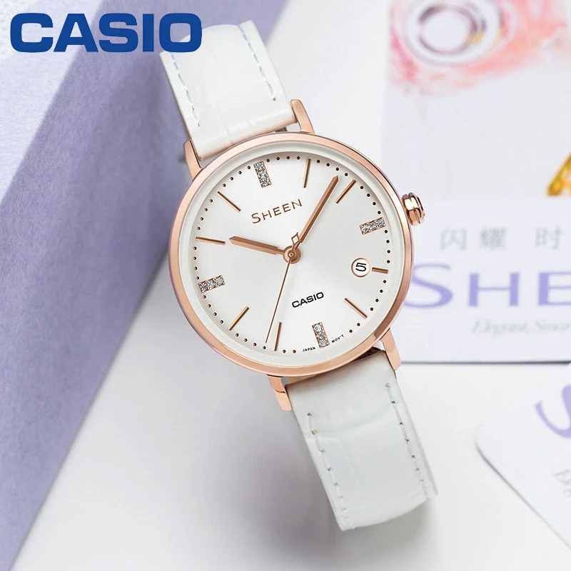 CASIO SHE‑4048PGL‑7A Fashion Ladies Quartz Watch Rose Gold IP Plating Case Band Business Casual Female Wrist Watch