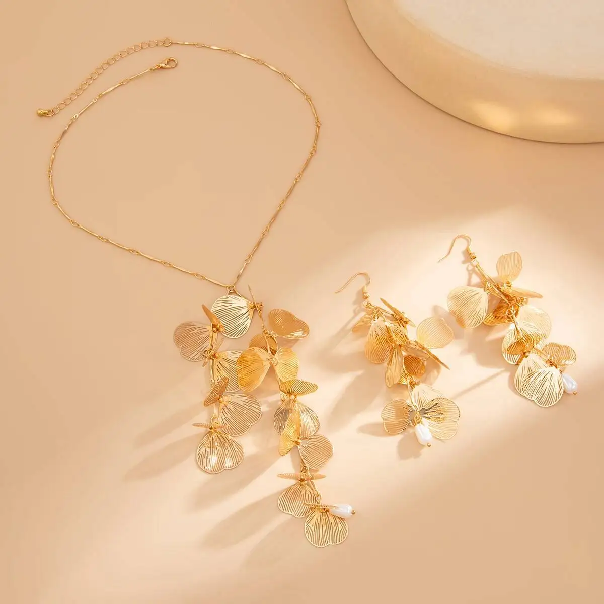 SHIXIN Elegant Ginkgo Leaf Flower Pendant Necklace Drop Earrings Jewelry Set for Women Party Golden Petals Long Tassel Necklace