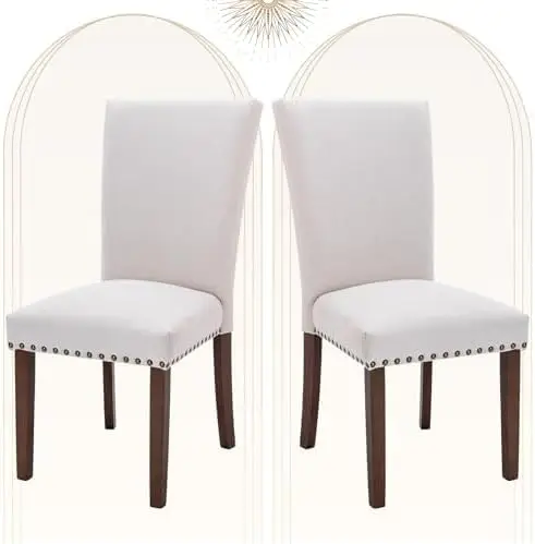 Upholstered Parsons Dining Chairs Set Of 2, Fabric Dining Room Kitchen Side Chair With Nailhead Trim And Wood Legs - Beige