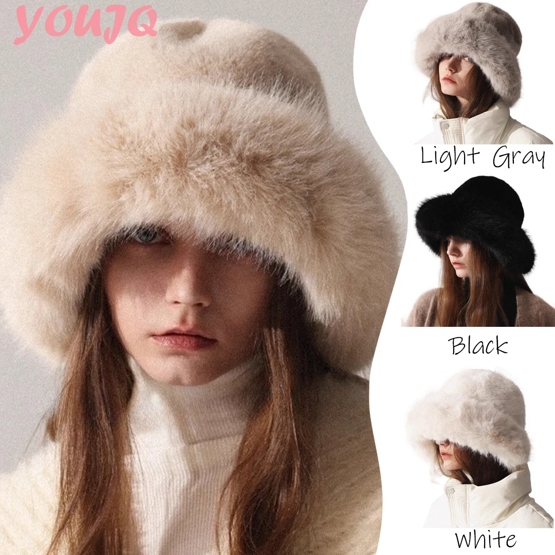 

Versatile Warm Ear Protection Thickened Furry Fisherman Hat Autumn and Winter Wide Brim Imitation Fur Plush Bucket Caps Gorro