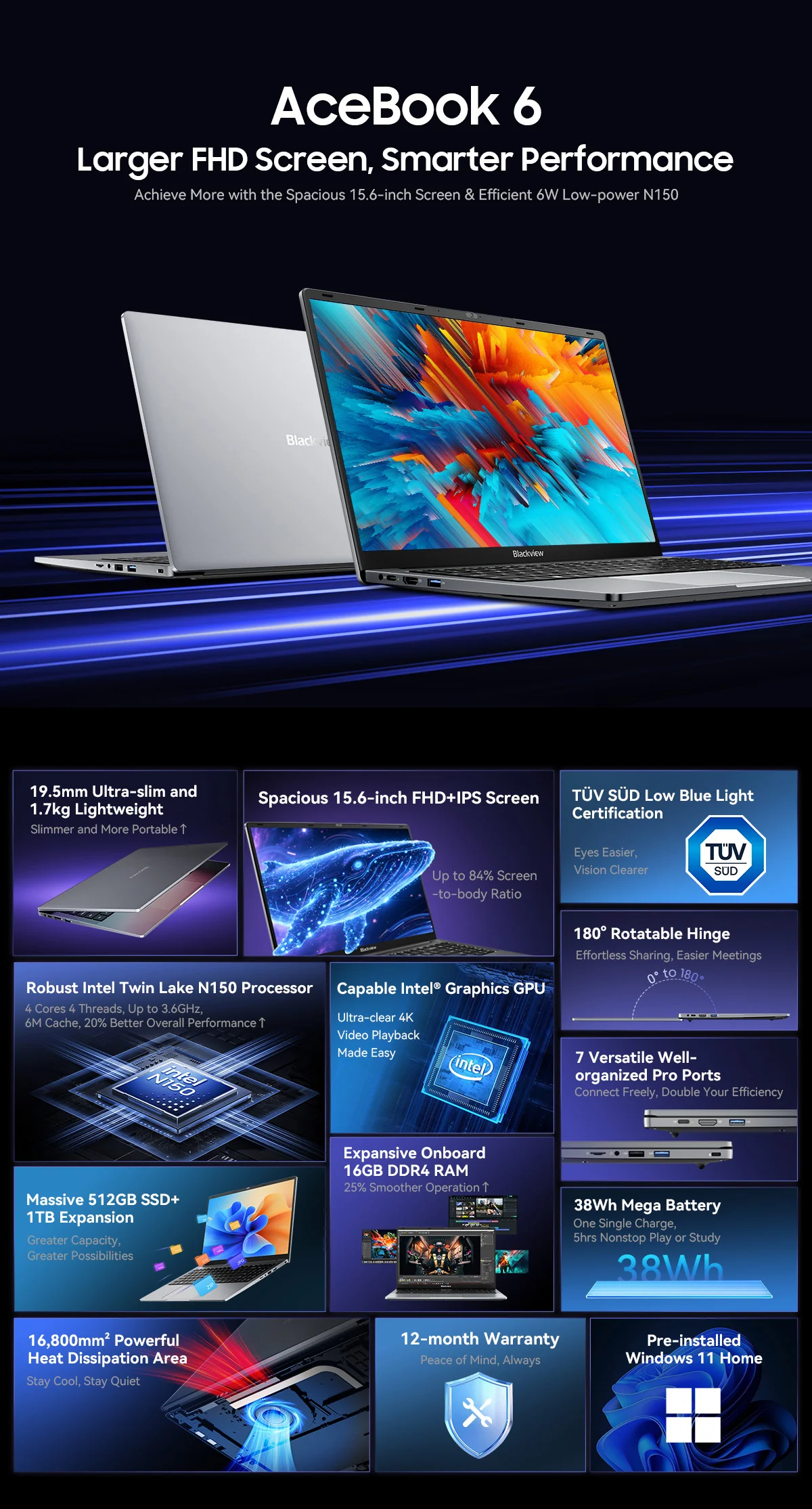 Blackview AceBook 6 Laptop Intel Twin Lake N150 CPU 15.6'' FHD+ IPS Screen 16GB DDR4 512GB SSD 36Wh Battery Windows 11 Notebook