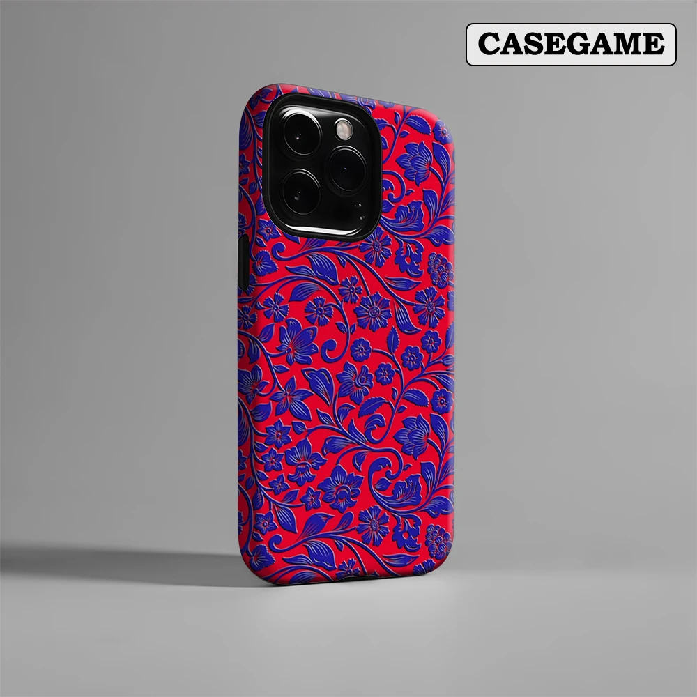 Luxo vermelho & azul florais caso de telefone para iphone 17 16 15 14 13 12 11 pro max air plus luxo dupla camada capa traseira