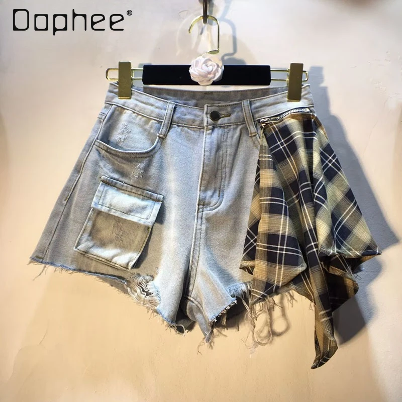 European station 2025 summer new splicing plaid cloth high waist and thin tooling pocket rough edge denim shorts women's pants