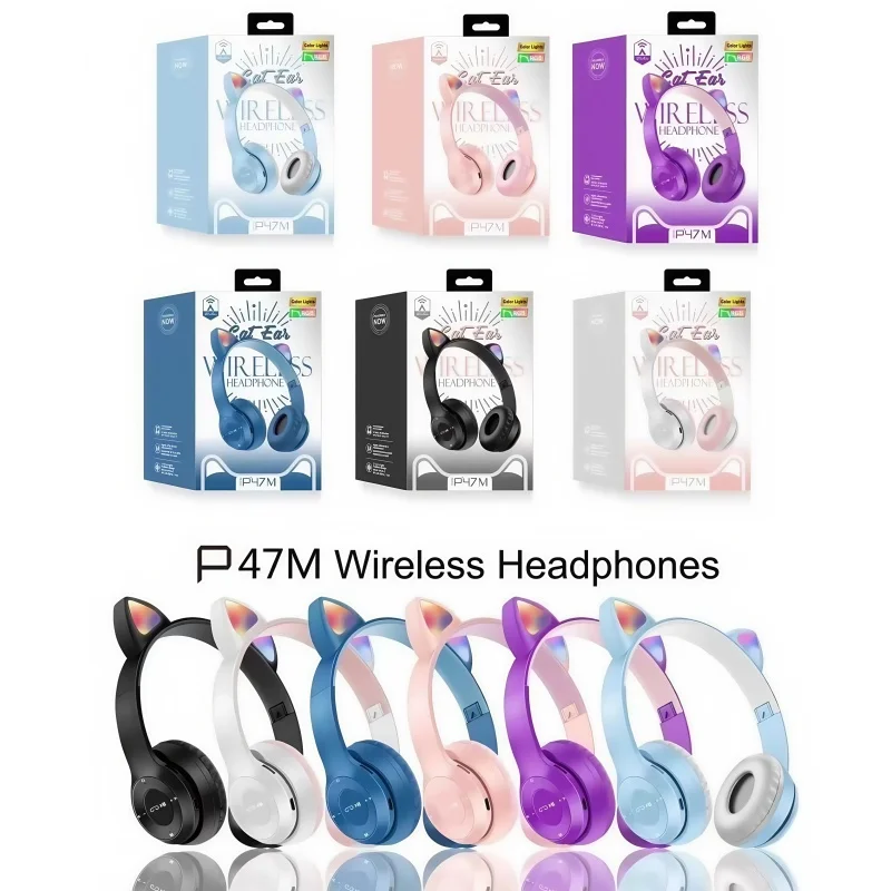 P47M Wireless Bluetooth Headset Gamer Cat LED Light Foldable Noise Cancelling Earbuds Wireless Headphones Bluetooth Earphones