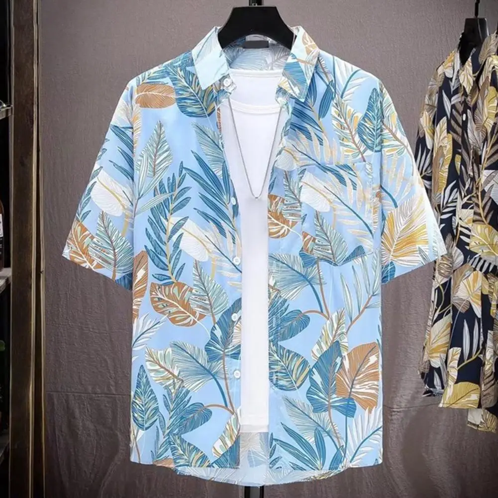 Summer Men Shirt Tropical Leaf Print Men's Shirt with Quick Dry Technology for Vacation Beach Style Breathable Hawaiian Top