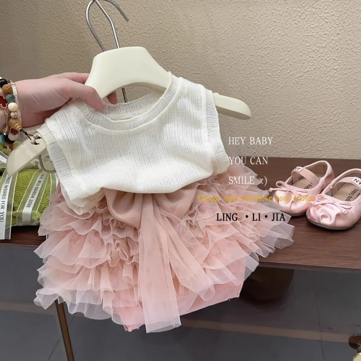 

Childrens Sets Girls Summer Two Piece Mesh Yarn Cake Skirt Lovely Vest Shorts Round Collar 2024 Simple Clothing Pink Sweet