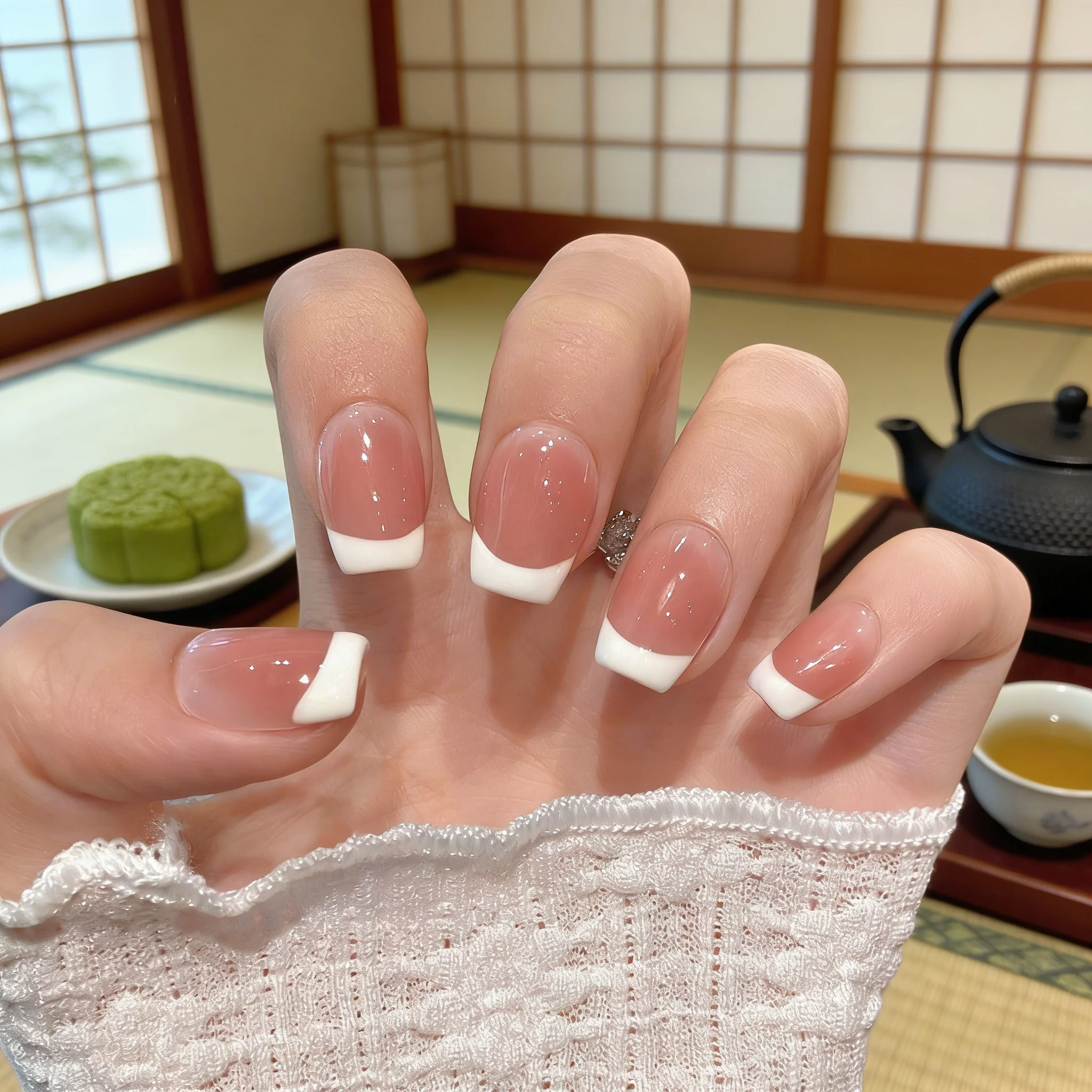 10pcs Cream Pink French Handmade Nails Nude Ombre Press on Nail Short Ladder Full Coverage Nail Tips for Women&Girl False Nail
