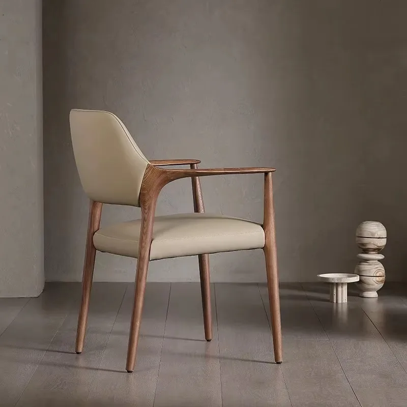 Modern Black Walnut Leather Dining Chair Vintage Tea Book Chair Light Luxury High-End Armrest Backrest for Hotels Bars