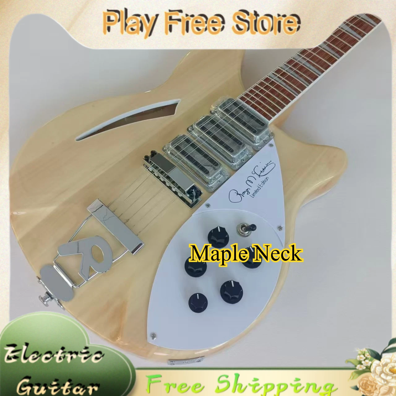 360 F-hole Semi Hollow HHH Aluminum Shell Pickup 12 String White Protective Plate Artist Signature Print Free Shipping