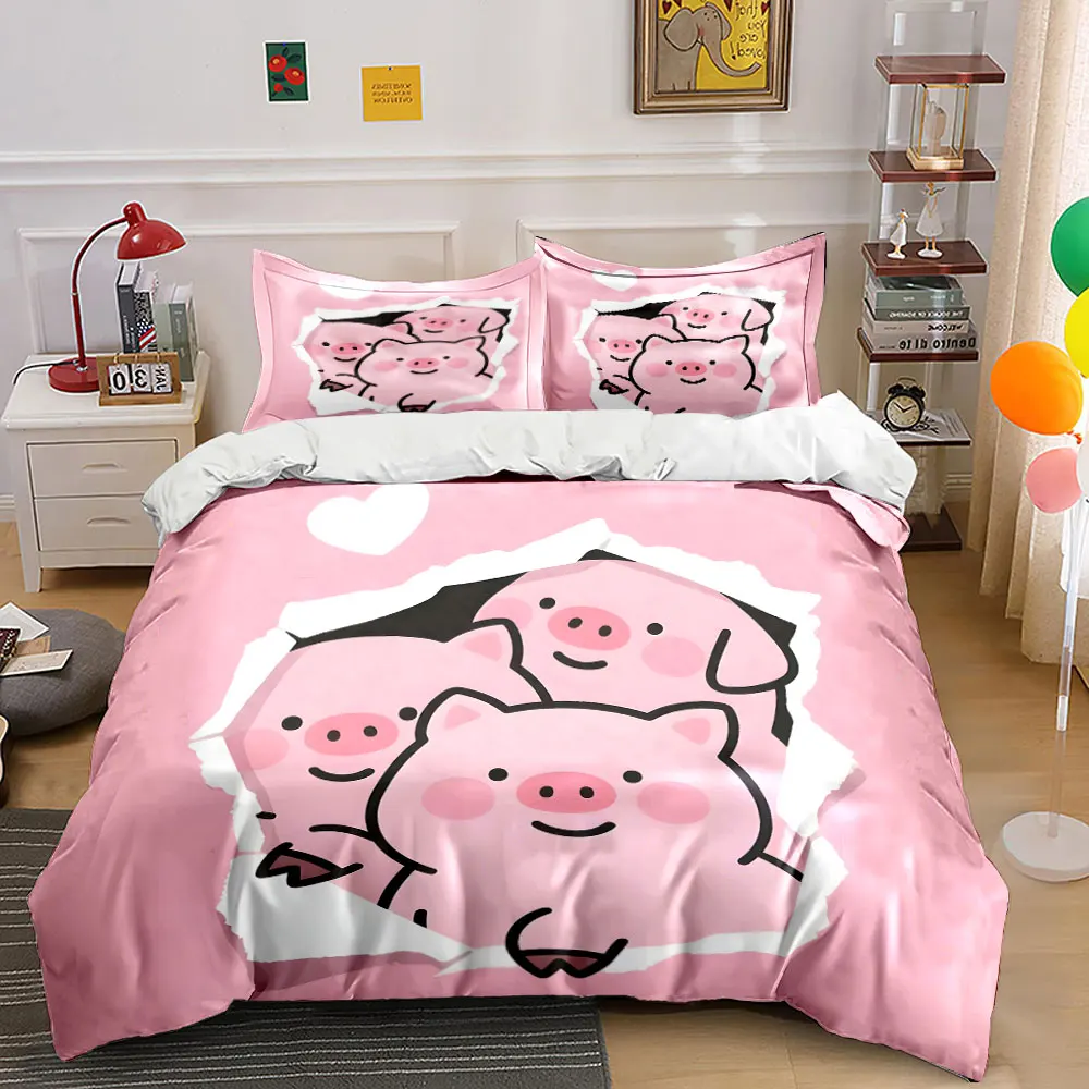 Three cute little pigs on pink background Printed Duvet Cover Set1 Duvet Cover+2 PillowcaseMulti Size Bedroom Bedding Decor