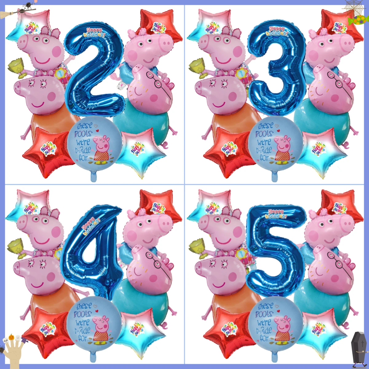 10pcs Cartoon Peppa Pig Family Balloon Kit Dark Blue Digital 0-9 Foil Globos Star Round Themed Balloons Birthday Backdrop Decor