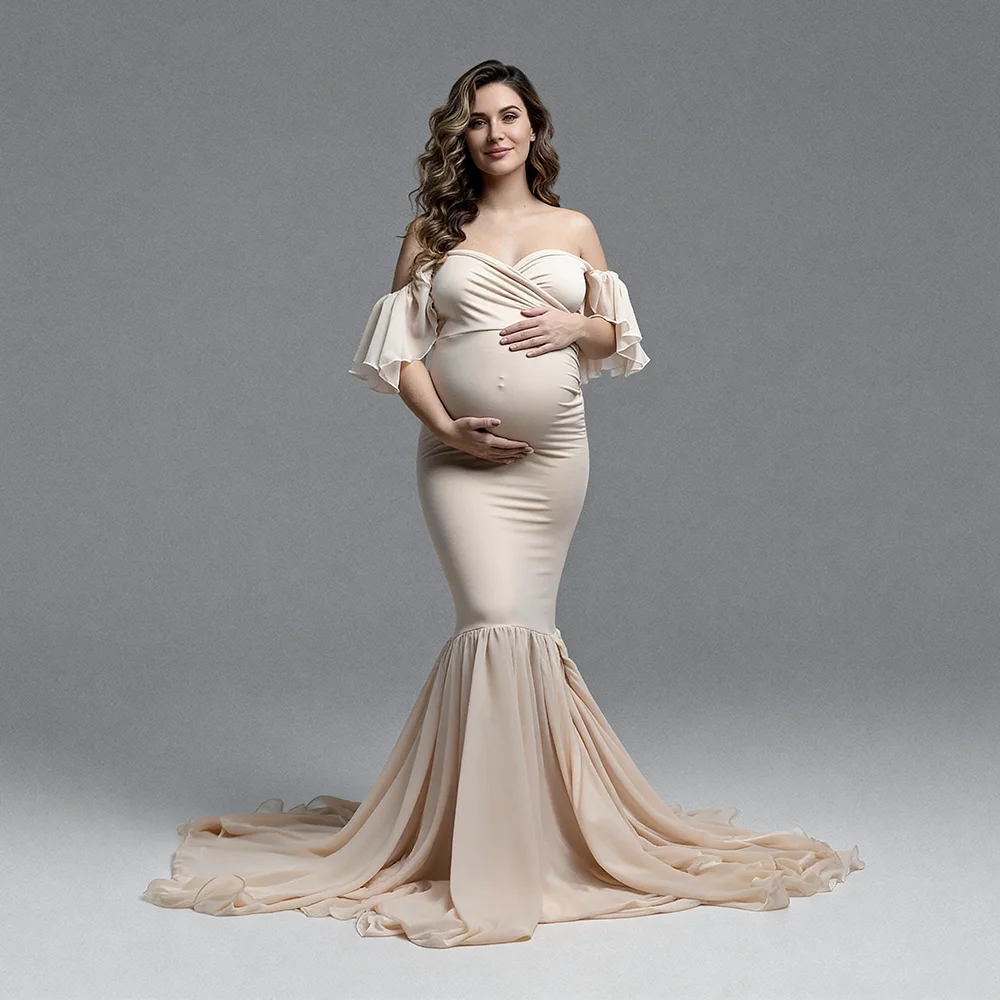 Maternity Photoshoot Dresses Off-the-Shoulder Sweetheart Ruffle Sleeves Dress for Pregnant Women Maternity Clothes YW64282D