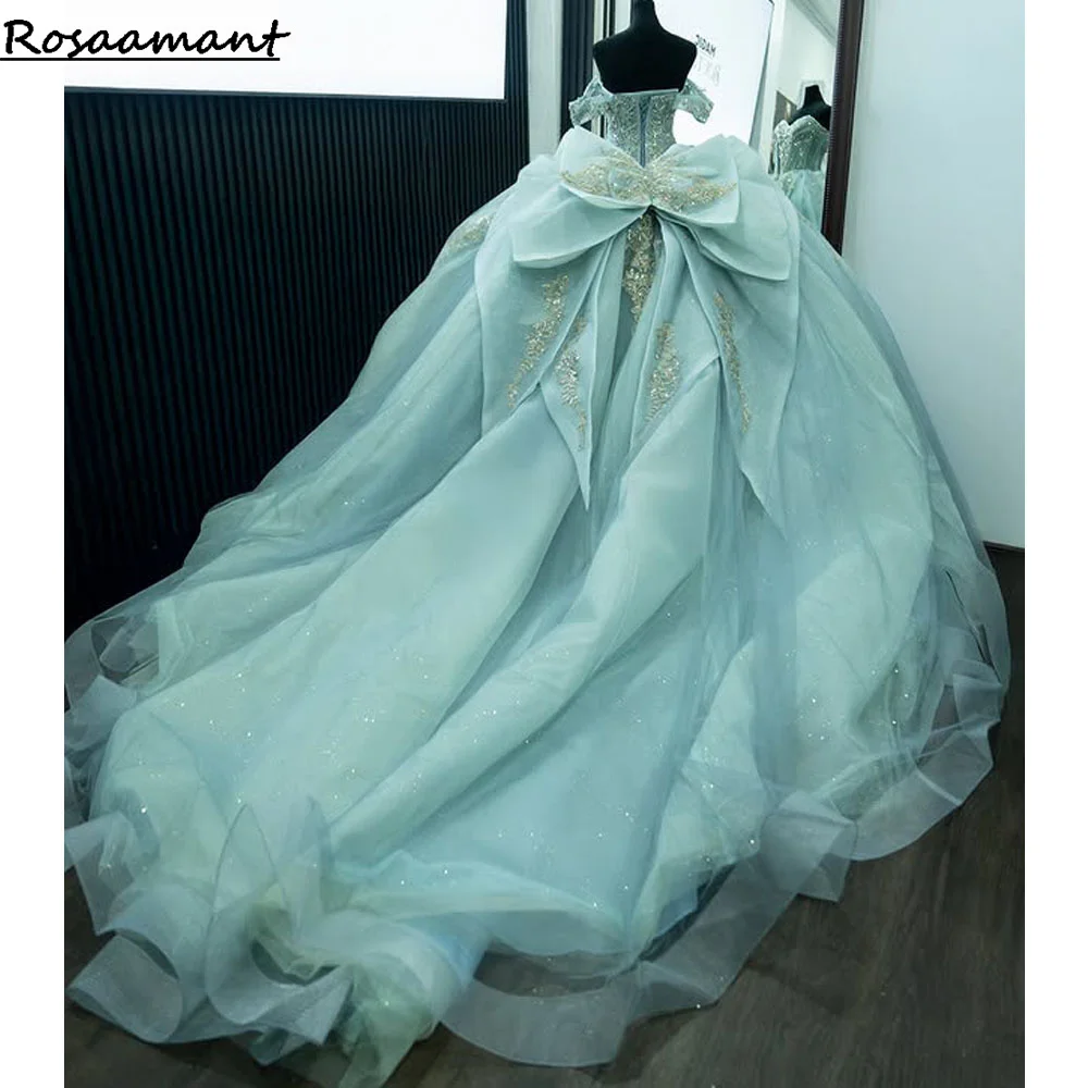 

Glitter Ball Gown Quinceanera Dress 3D Floral Applique Beaded Bow Sweet 16 Vestidos De 15 Anos