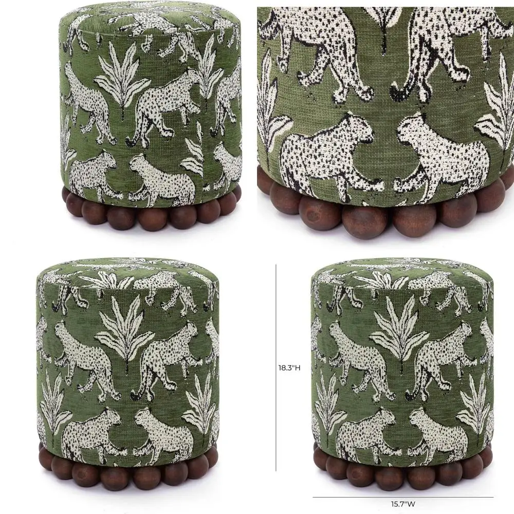 Handcrafted Olive Green Ottoman with Solid Wood Balls, 15.7x15.7x18.3, Easy to Clean, Supports 330 lbs