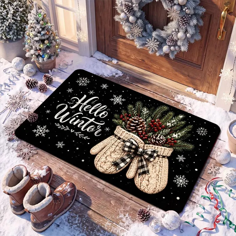 1pc 2D Flat Hello Winter Gloves Pine Cone Printed Floor Mat, Decorative Rug for Entrance, Porch, Home