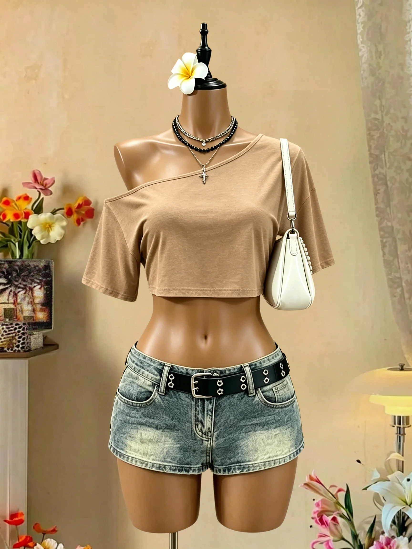 Damen One-Shoulder Kurzarm Crop-Top Asymmetrischer Ausschnitt Hochelastisches Weiches Leichtgewicht-Gewebe Locker Sitzend Y2K Alltag Ausgehzubehör – Detail 9