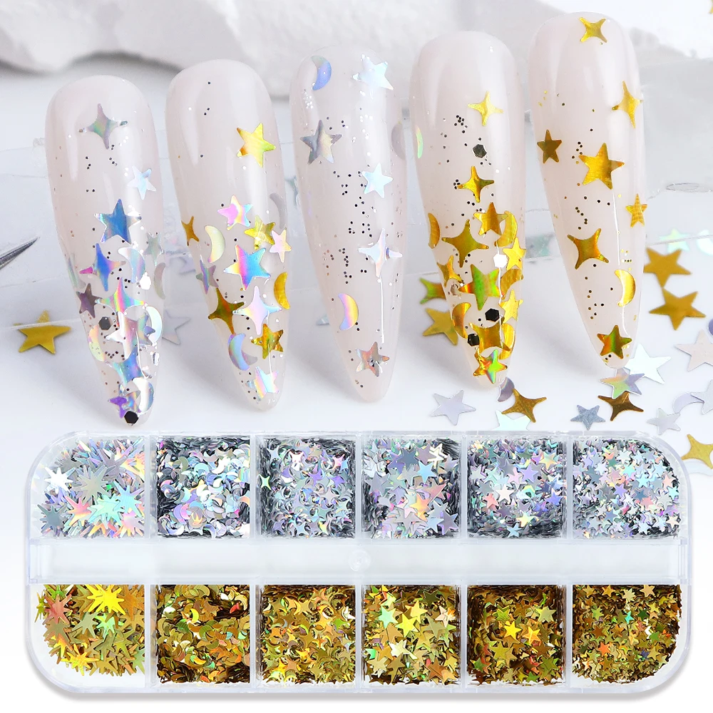 

Блестящие хлопья для дизайна ногтей в виде звезд и лун, блестки для французского маникюра, украшения для ногтей, принадлежности для салонов красоты, для профессионалов.