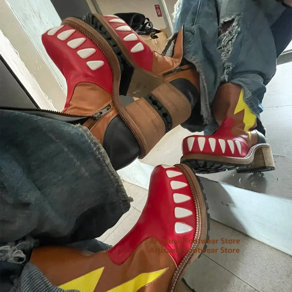 Crocodile Teeth Pattern Men's Boots Round Toe Platform Side Zip Boots Height Increasing Fashion Show Men Shoes Botas Mujer