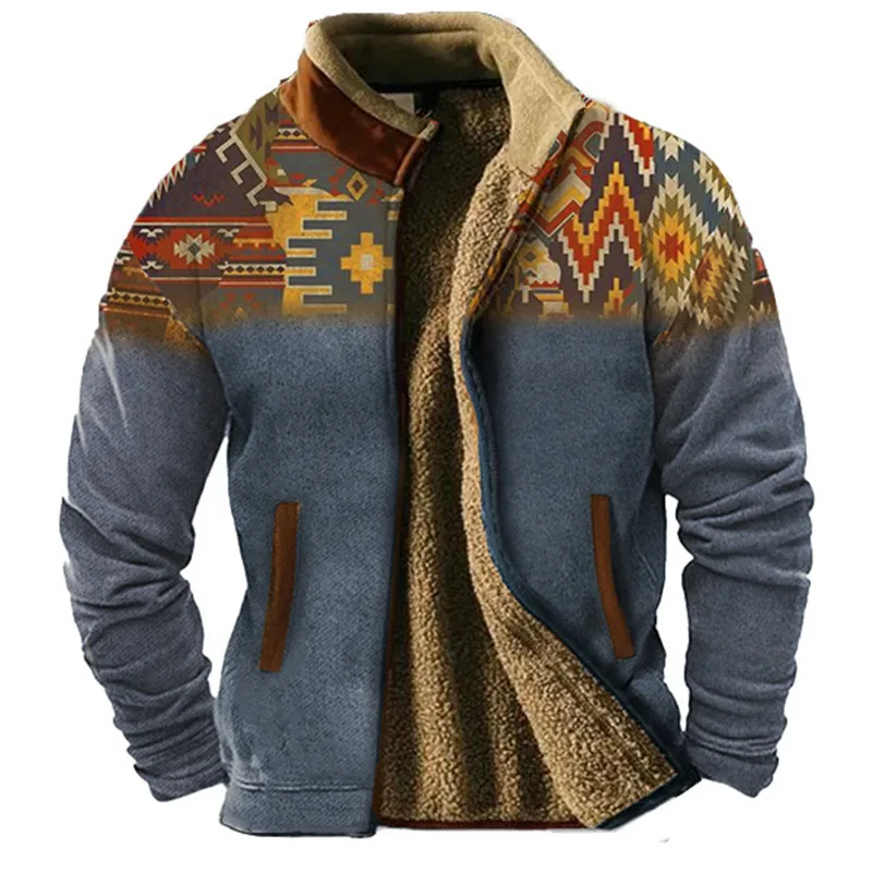 Men\'sAutumn And Winter Stand-up Collar Sweatshirt Vintage PrintedColor Matching Zipper Half Cardigan Thick Color Contrast Hoodie