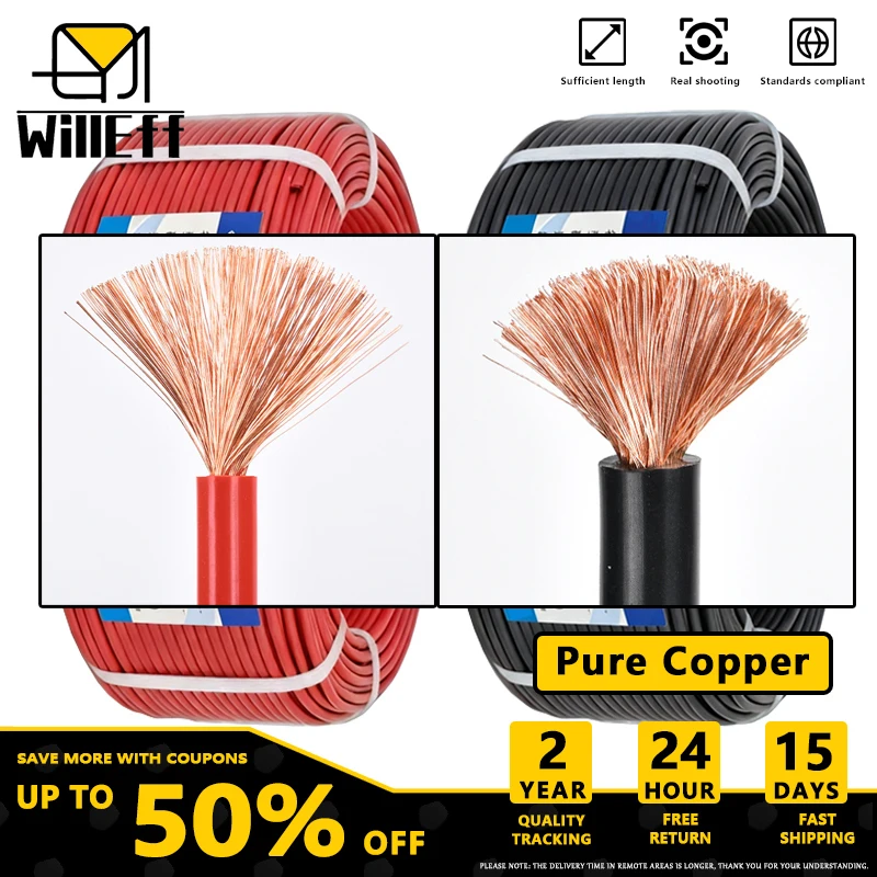 RV-100m/Roll Black Copper wire Red Copper cable Soft Pure Copper wire Solid Copper cable Electrical Extension cord 6mm2 4mm2