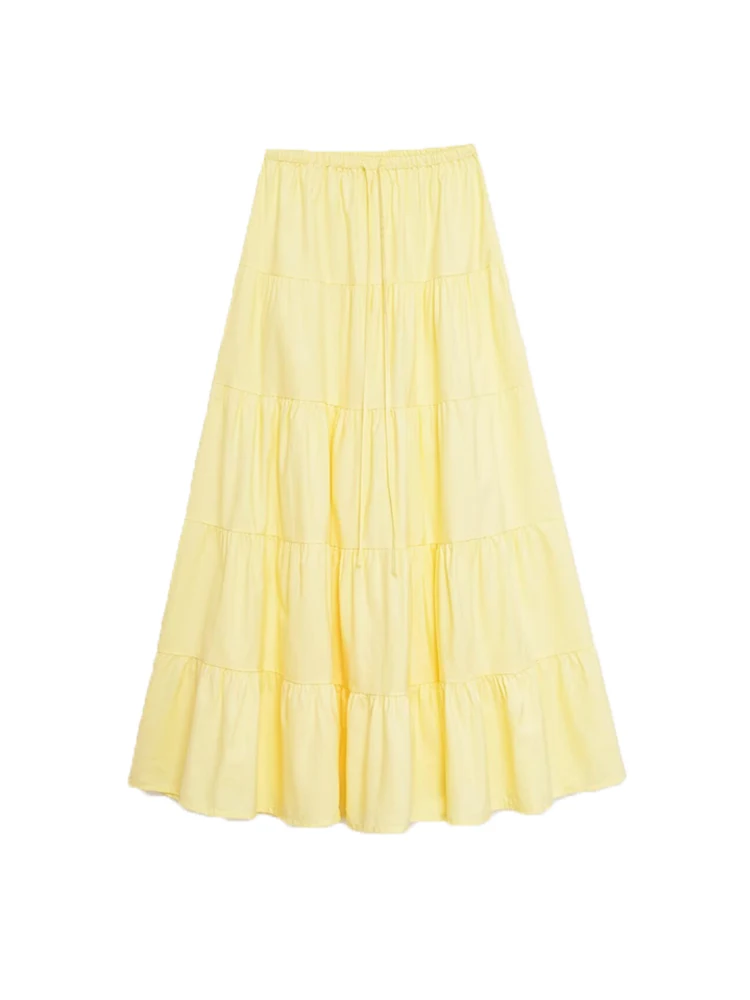 Women's Butter Yellow Panelled Long Skirt with mid Elastic Drawstring Waistband Fashionable Female Skirts for Mujer