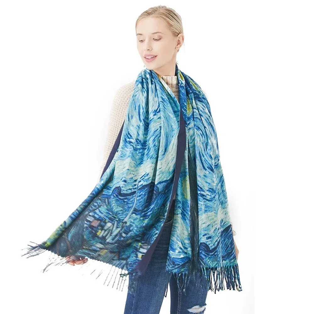 Van Gogh's Oil Painting Cashmere Scarf Women Winter New Starry Sky Pashmina Shawls And Wraps Ladies Cape Travel Blanket Scarves