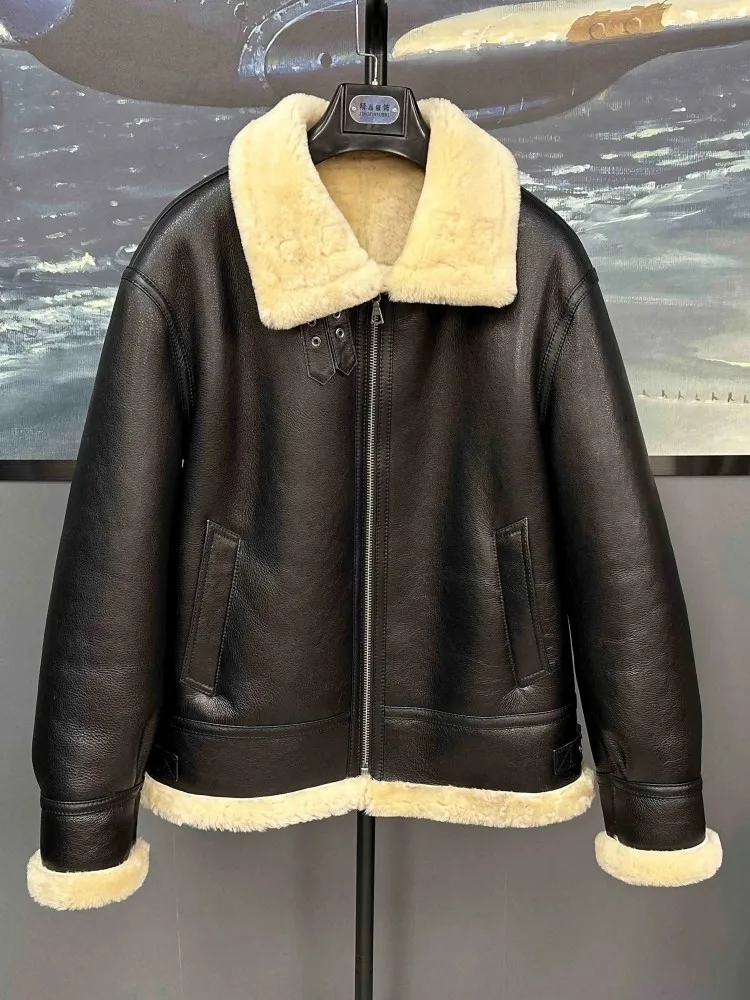 American Classic Retro Real Fur Mens Jacket Winter Warm Thick Jackets Lapel Wool Lining Coat Genuine Leather Sheepskin Outerwear view 3