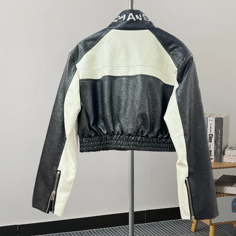 Blouson en similicuir PU femme, streetwear à la mode, avec impression de lettres, patchwork, pour les abonnés aux documents, col montant, manches longues, veste de motard