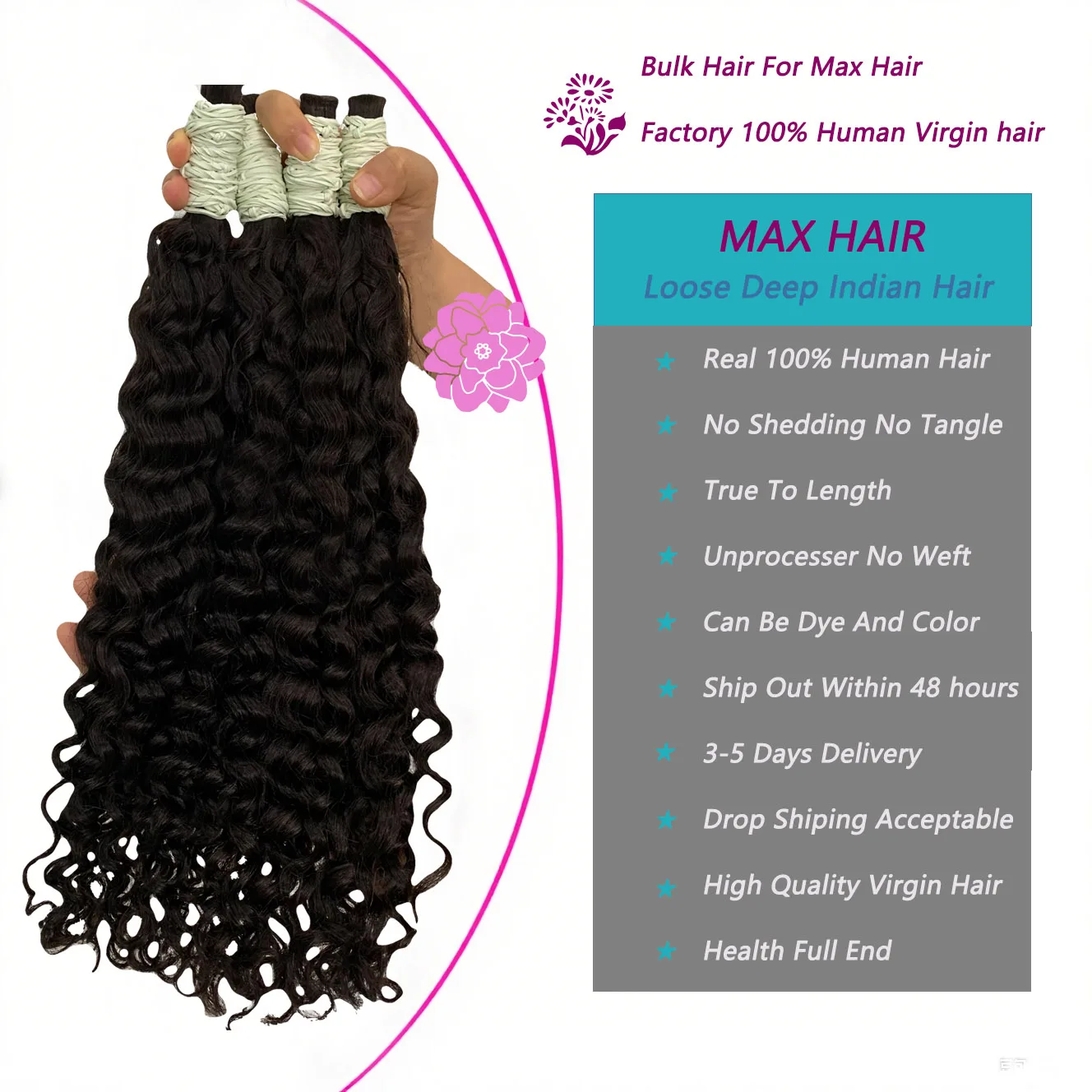 인모 땋기용 헤어 2묶음/팩 100g 18인치 내추럴 딥 웨이브 곱슬머리 벌크 100% 인모 땋기용 웨프트 없음 10A