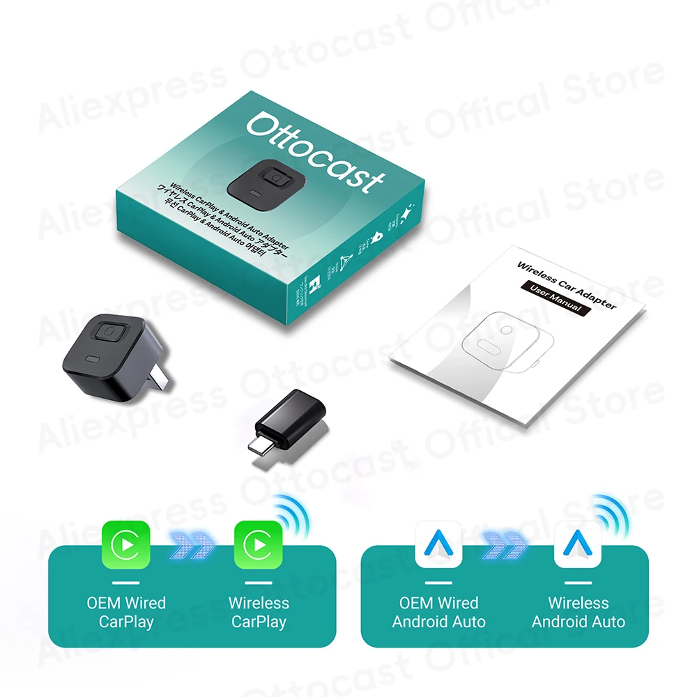 OTTOCAST Mini Dot Cube Draadloze CarPlay Android Auto Adapter 2 in 1 USB AI Auto Accessoires voor Totoya VW Benz Chevrolet Hyundai
